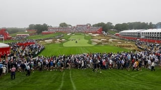 FARMINGDALE, NEW YORK - SEPTEMBER 25: A general of the 18th hole is seen during a practice round prior to the Ryder Cup 2025 at Black Course at Bethpage State Park Golf Course on September 25, 2025 in Farmingdale, New York. (Photo by Harry How/Getty Image