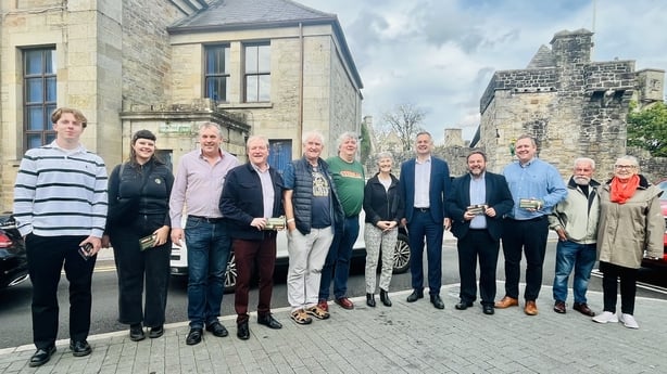 Presidential election candidate Catherine Connolly pictured with supporters before hitting the campaign trail in Donegal. Sinn Fein's Pearse Dohery and Pádraig Mac Lochlainn are among the supporters pictured