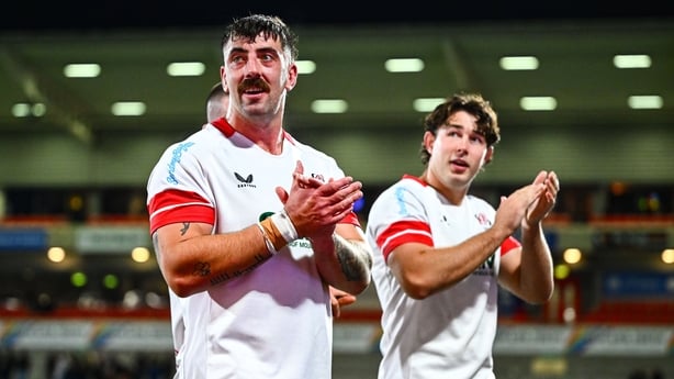 Matthew Dalton of Ulster, left, and David McCann after their side's victory in the United Rugby Championship match between Ulster and Dragons at Affidea Stadium in Belfast.