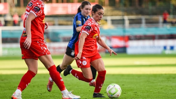Gabriella Del Pico of Shelbourne in action against Shauna Brennan of Athlone Town during the SSE Airtricity Women's Premier Division match between Shelbourne and Athlone Town at Tolka Park in Dublin.