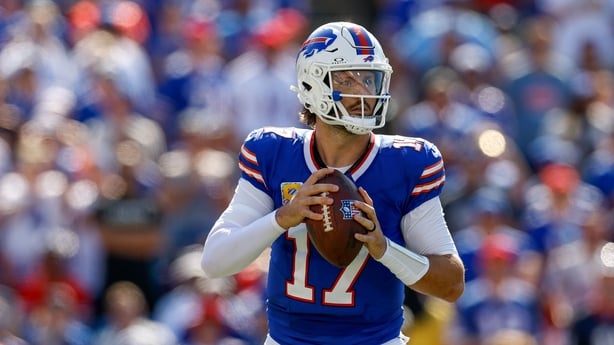Josh Allen #17 of the Buffalo Bills looks down field during the second quarter of the NFL 2025 game against the New Orleans Saints at Highmark Stadium on September 28, 2025 in Orchard Park, New York.