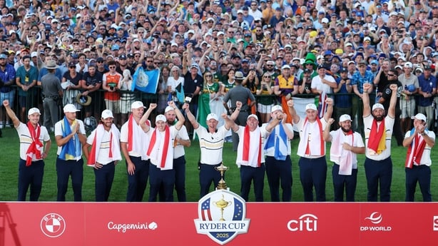 FARMINGDALE, NEW YORK - SEPTEMBER 28: Team Europe celebrates their 15-13 win over Team America during the trophy presentation ceremony during the Sunday singles matches of the 2025 Ryder Cup at Black Course at Bethpage State Park Golf Course on September 28, 2025 in Farmingdale, New York. (Photo by