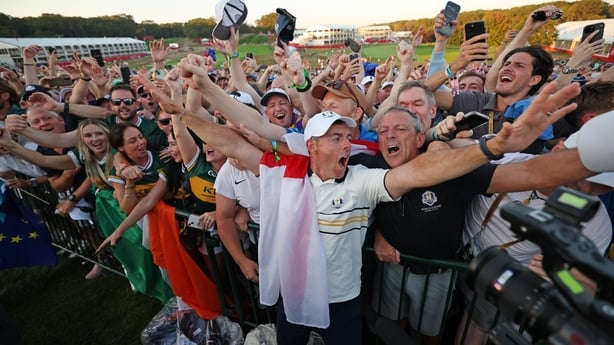FARMINGDALE, NEW YORK - SEPTEMBER 28: Rory McIlroy of Team Europe celebrates with fans after Team Europe's 15-13 win over Team America during the trophy presentation ceremony during the Sunday singles matches of the 2025 Ryder Cup at Black Course at Bethpage State Park Golf Course on September 28, 2