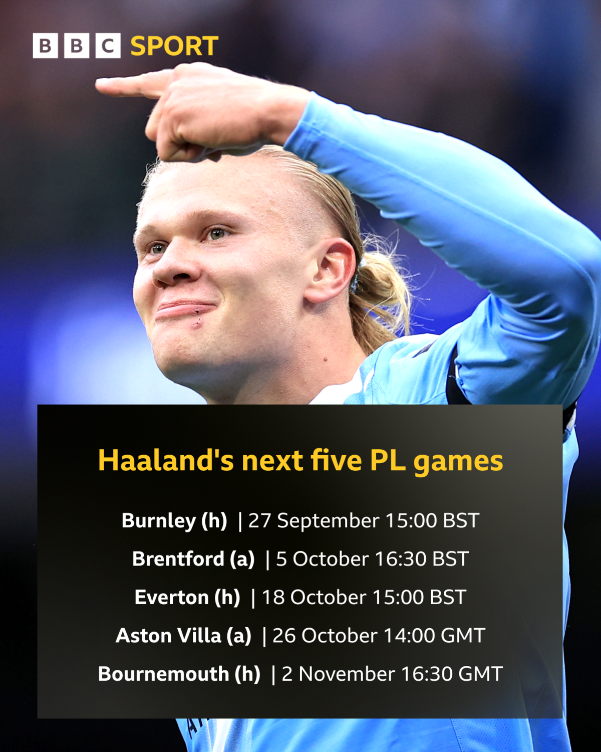 Erling Haaland's next five games: Burnley (h), Brentford (a), Everton (h), Aston Villa (a), Bournemouth (h)