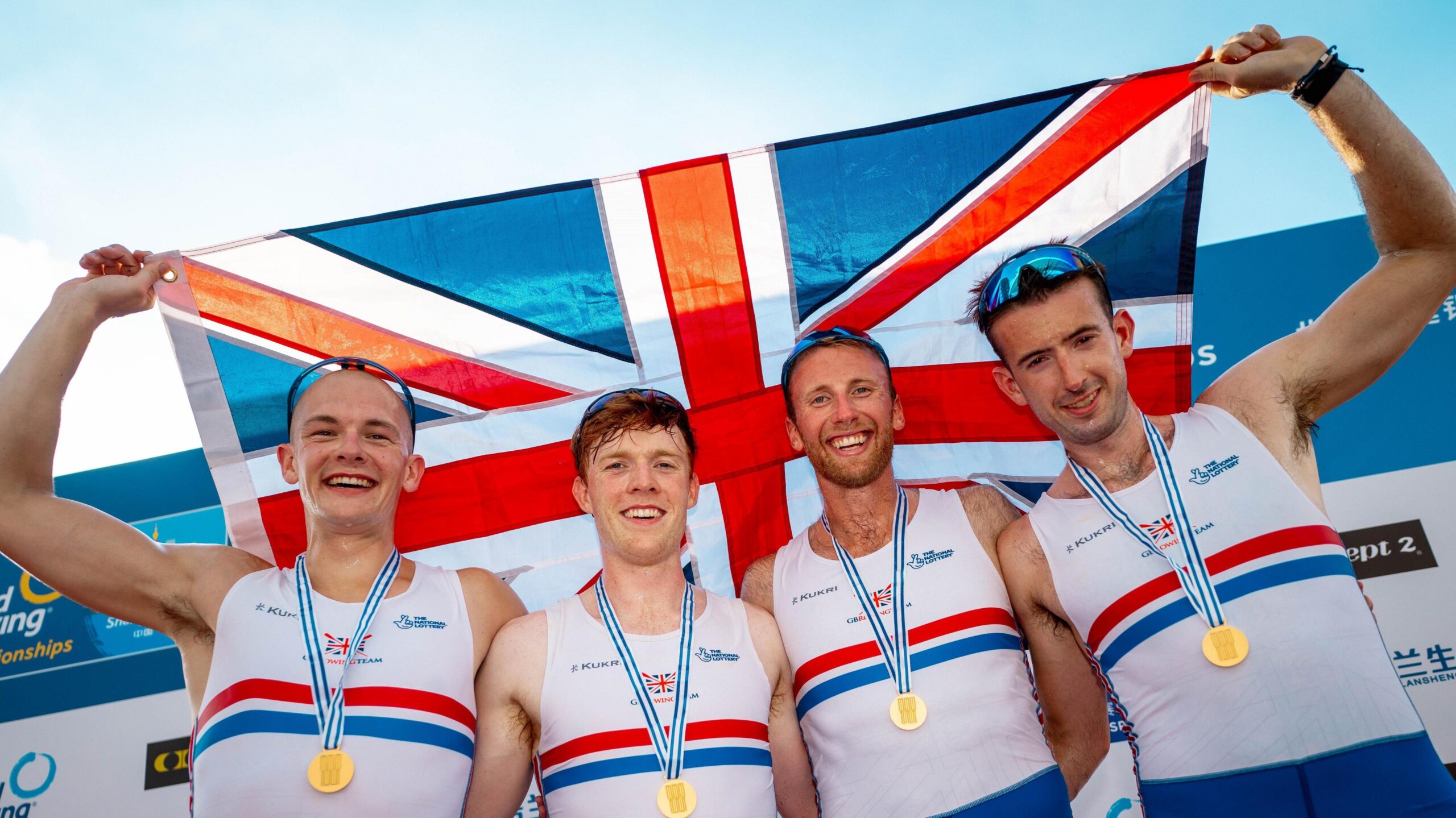 Men's four celebrate their World Championship gold
