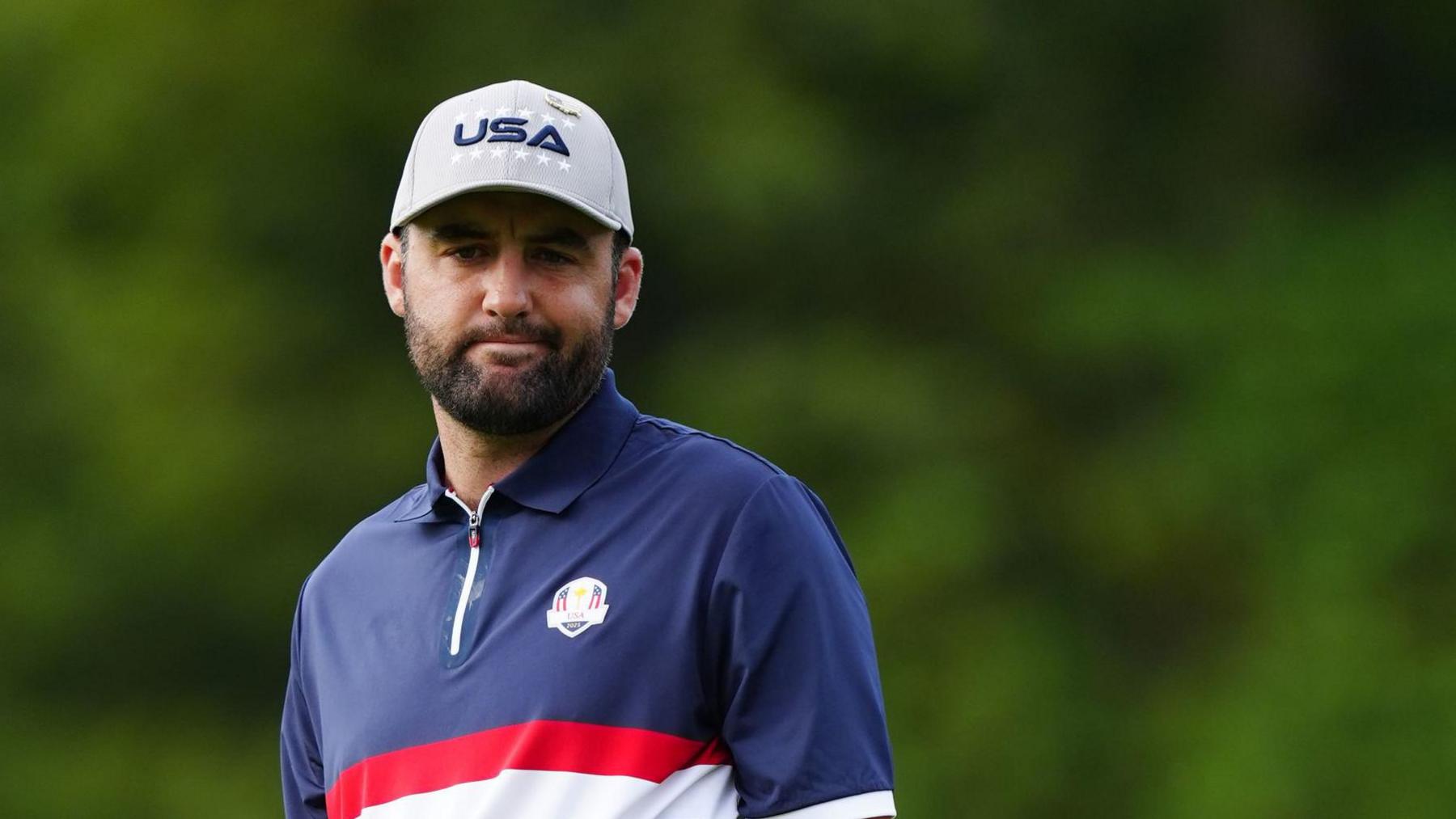 Scottie Scheffler reacts during the 2025 Ryder Cup