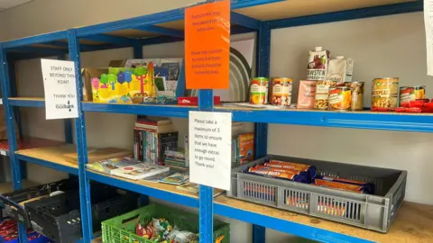 Blue shelves with tins of food and trays of food, such as ginger nut biscuits. There is also a green tray on the bottom shelf with bags of crisps.