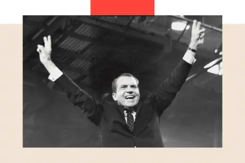 Getty Images Richard Nixon makes the 'v for victory' symbol.