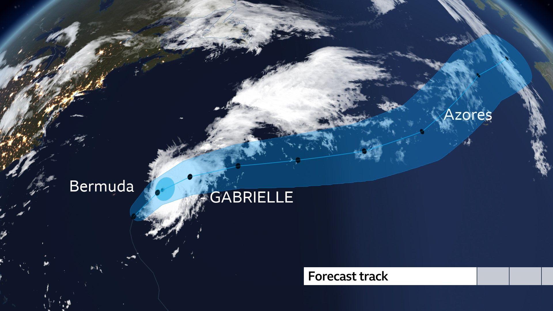 Satellite image showing Gabrielle to the east of Bermuda and forecast track taking the hurricane close to the Azores.